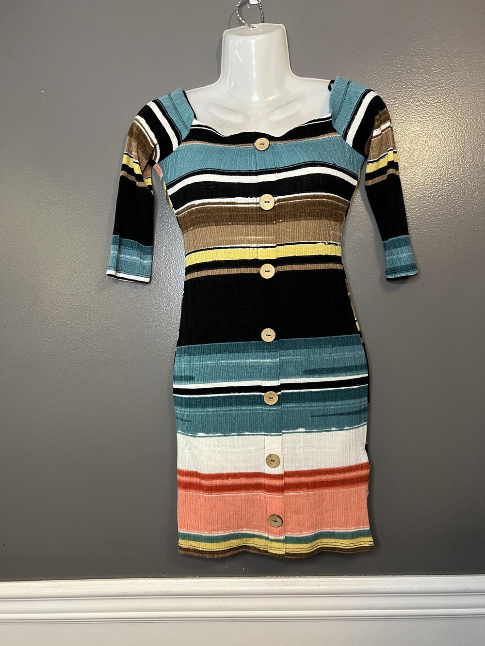 Love J Dress Womens Small Multicolor Striped Ribbed Knit Bodycon Button Front